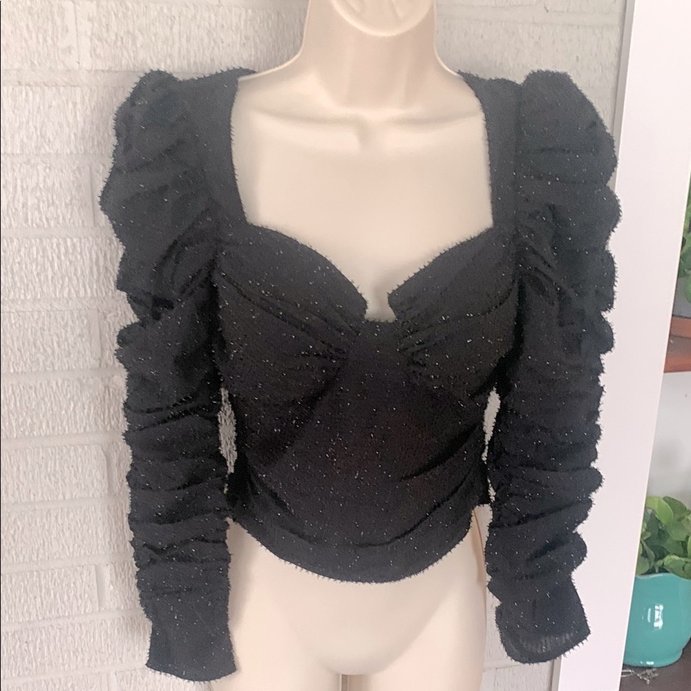 ASTR The Label Black CALDWELL XS Ruched Crop Top Sweat heart neck Puff Sleeve